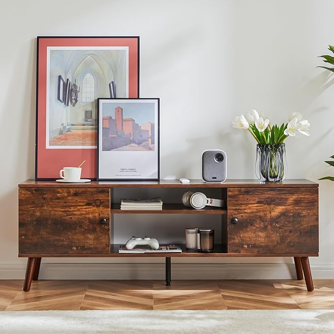 NEWBULIG Modern TV Stand for 55 60 inch TV, Mid Century Entertainment Center with Storage Cabinet and Open Shelves, Wooden Media Console Table for Living Room, Bedroom, Office Furniture, Rust Brown