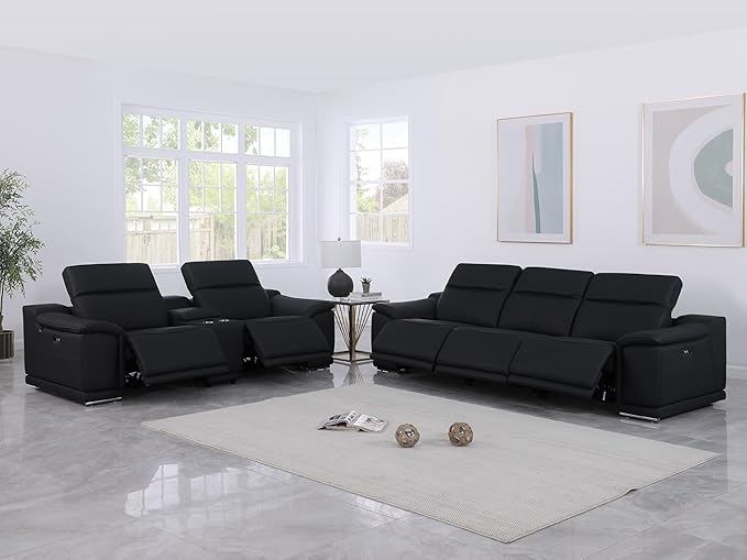 BlackJack Furniture Venice Top Grain Italian Leather Power Recline 6 Piece 5 Seater Sofa - 107" Theater Seating Modern Couch for Living Room Apartment with Adjustable Headrests & USB Port, Black