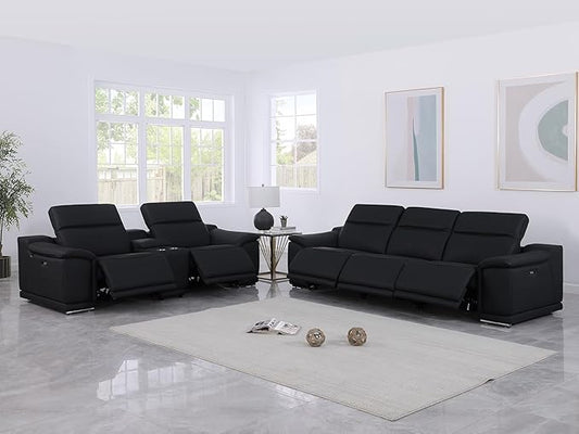BlackJack Furniture Venice Top Grain Italian Leather Power Recline 6 Piece 5 Seater Sofa - 107" Theater Seating Modern Couch for Living Room Apartment with Adjustable Headrests & USB Port, Black