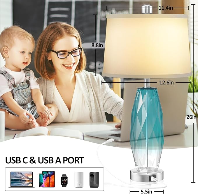 26" Touch Table Lamps Set of 2 for Bedrooms, 3 Way Dimmable Living Room End Table Lamps with Teal Blue Diamond Texture, Modern Glass Bedside Nightstand Lamps with USB C A Port, Bulbs Included