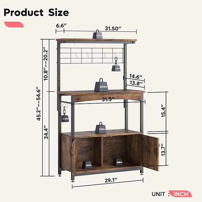 Bestier Bakers Racks with Storage Cabinet, Height-Adjustable 45" to 55" Microwave Stand for Kitchen with Wheels & Feet, Industrial Rolling Coffee Bar Shelf with 10 S-Hooks Rustic Brown