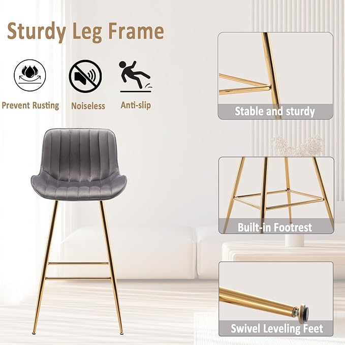 Sidanli Gold Bar Stools Set of 2, 29” Velvet Barstools, Kitchen Chairs for Bar Height with Back and Footrest, Gray