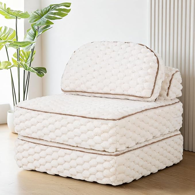MALOL Folding Sofa Bed, 3-in-1 Convertible Sleeper Chairs with Pillow,Back Support, Fuzzy Fabric Floor Couch Bed for Adults, Boneless Couches Living Room, Bedroom, Apartment,Beige
