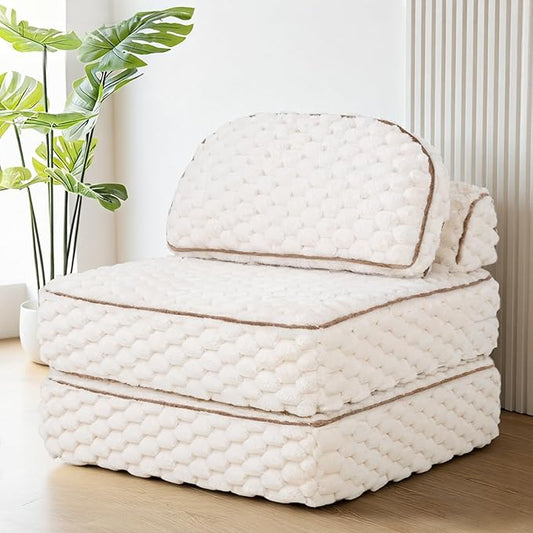 MALOL Folding Sofa Bed, 3-in-1 Convertible Sleeper Chairs with Pillow,Back Support, Fuzzy Fabric Floor Couch Bed for Adults, Boneless Couches Living Room, Bedroom, Apartment,Beige