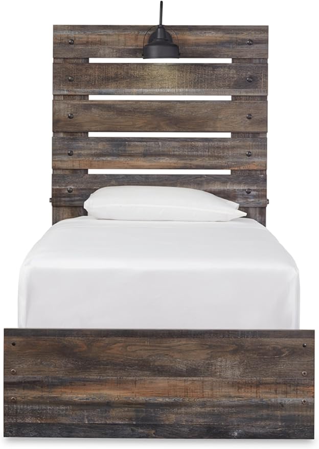 Signature Design by Ashley Drystan Rustic Twin Panel Bed with Sconce LED Lights, USB Ports and Nailheads, Foundation or Box Spring Needed, Dark Brown & Gray