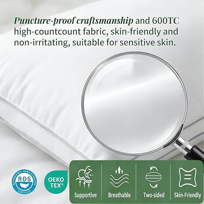 Goose Down Pillows, Standard Size Set of 2 with 3-Layer Design, Hotel Down Bed Pillow for Side, Back, and Stomach Sleepers, Soft 600 Thread Count Cotton Cover–Luxury Hotel Pillows Quality(20" x 26")