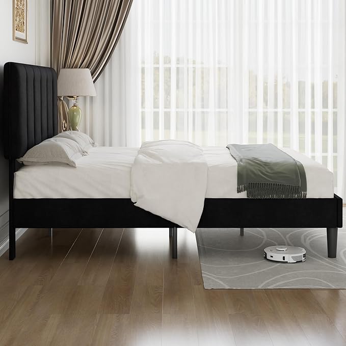 VECELO Queen Bed Frame with Upholstered Headboard, Heavy-Duty Platform Bedframe with Strong Wooden Slats Support, No Boxing Spring Needed, Velvet & Black