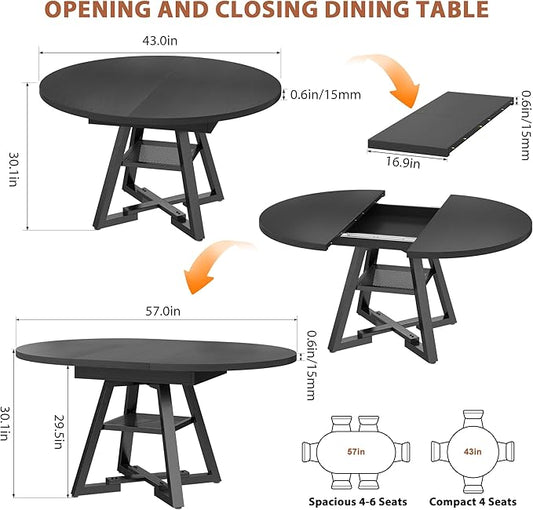 Round Dining Table Kitchen Dining Room Dinner Table for 4-6, Space Saving Extendable Oval Circle Furniture with Pedestal Base and Storage Shelf for Kitchen Living Room (Black, for 4-6)