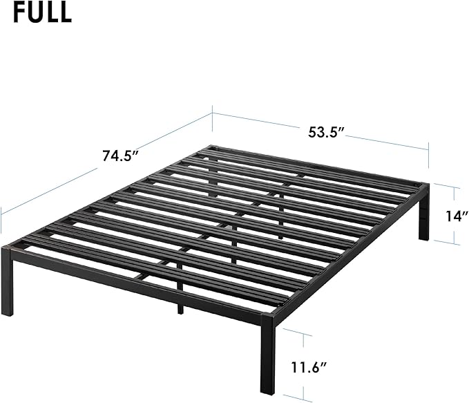 Mellow Rocky Base C 14" Platform Bed Heavy Duty Steel Black, w/ Patented Wide Steel Slats (No Box Spring Needed) - Full