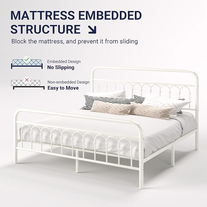Allewie 14 Inches King Size Metal Platform Bed Frame with Victorian Style Curved Iron-Art Headboard/Footboard, Metal Slats Support, Easy Assembly, Under Bed Storage, No Box Spring Required, White