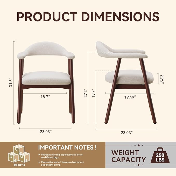 Wooden Dining Chair with Armrest Set of 6, Modern Fabric Upholstered Dining Room Chair with Curved Back and Wood Legs,Comfortable Accent Chairs for Kitchen Dining Room,Beige