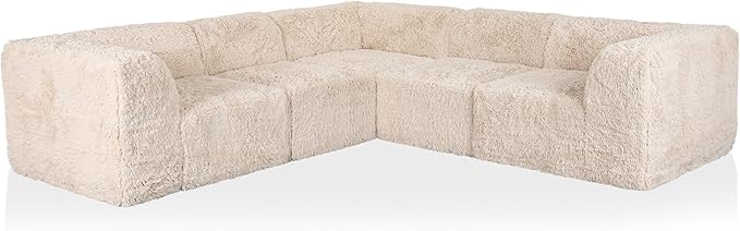 Furniture of America Havyn Modern Faux Fur 5-Seater L-Shaped Modular Foam Sectional Sofa, Compressed Couch in a Box, No Assembly Required, for Living Room and Office, Sand