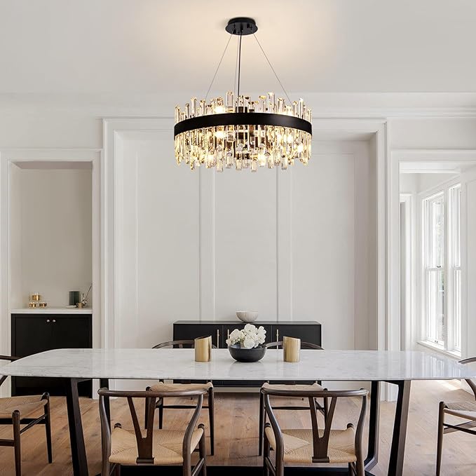 CROSSIO 12-Light Modern Crystal Chandelier for Dining Room, Black Round Flush Mount Ceiling Light, Luxury 2-Tiers K9 Crystal Raindrop Chandelier for Living Room Entryway Foyer Bathroom D23.6''