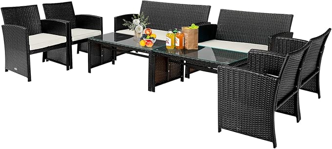 Tangkula 8 Pieces Rattan Furniture Set, Outdoor Conversation Set w/Chair & Loveseat & Tempered Glass Coffee Table, Suitable for Garden, Backyard, Poolside, Patio Furniture Set for 8 (2, White)
