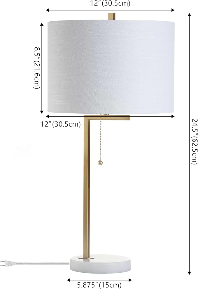 JONATHAN Y 24.5" Brass Gold/White Marble Modern Table Lamp for Bedroom, Linear Desk Lamp for Living Room Office, White Linen Drum Shade, Pull Chain, LED Bulb Included JYL1043A