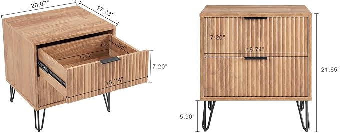 Manhattan Comfort Dumbo Modern Nightstand 2.0 with 2 Metal Feet | Stylish Splayed Gold Legs | Vertical Ribbed Drawer | Perfect for Bedroom, Set of 2, Golden Brown