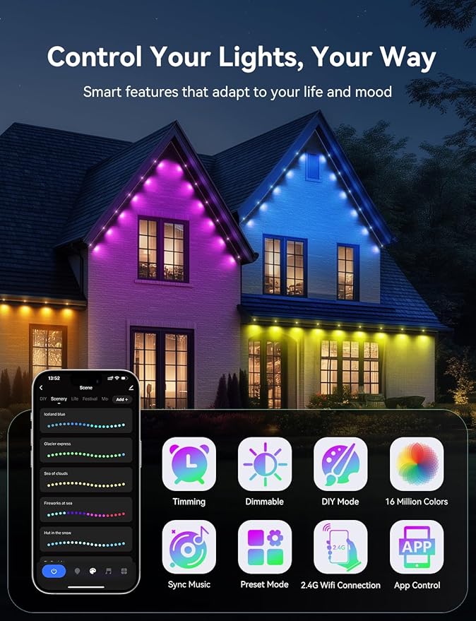 Permanent Outdoor Lights for House, RGB+IC IP67 Waterproof Smart Eave Lights 150ft with 108 LED, Eternity Lighting for Holiday Daily Decor, Work with Remote, APP