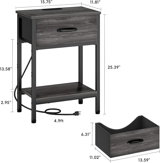 Vagusicc Nightstand with Charging Station, End Table with Fabric Drawer, Small Side Table with 2-Tier Storage Shelves, 25.4" Tall Night Stand, Bedside Table for Bedroom, Living Room, Dorm, Black Oak