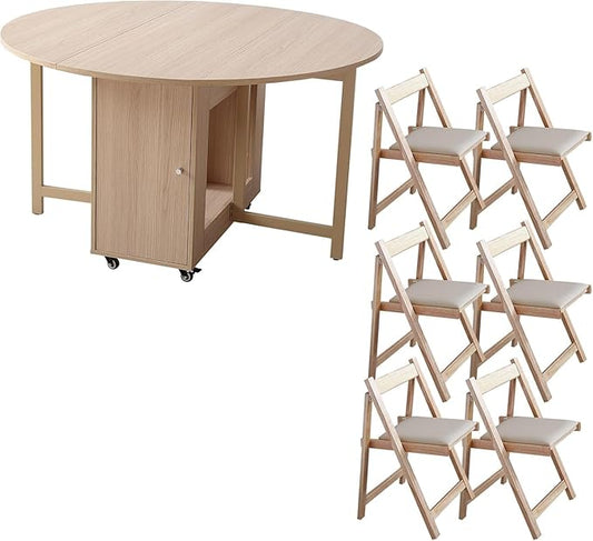 Wood Round Folding Dining Table with 6 Chairs, 47.3" Folding Table and Chairs with Storage Shelf Metal Legs for Home Dining Room Living Room, Space Saving Foldable Dining Table with 6 Chairs