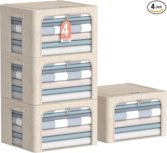 CYhom 4 Pack Clothes Storage Bins with Metal Frame - Linen Fabric Foldable Stackable Container Organizer Set with Clear Window & Carry Handles & Zippers (Beige, 15.7"x11.8"x7.8")