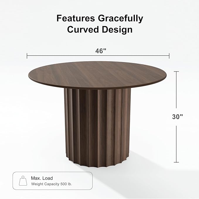 Casaphoria 46" Round Dining Table, Modern Wood Kitchen Table with Cylindrical Wide Bar Concave Base for Living Room & Dining Room, Easy Assembly Farmhouse Furniture for 4-6, Walnut