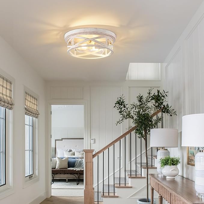 Indoor Flush Mount Ceiling Light Fixtures, 2-Light Cage Cross Close to Ceiling Mount Lights, E26 Base Vintage Hanging Lights for Kitchen Bedroom Living Room, White and Gold