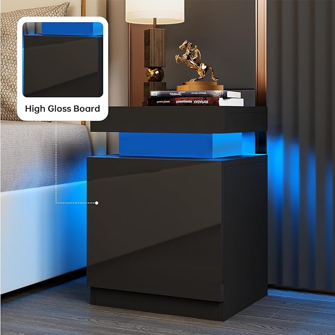 LED Nightstands Set of 2, 17 Inches Night Stand Set 2, Modern Bedside Table with LED Lights, High Gloss Surface, End Table with Storage for Bedroom, Black