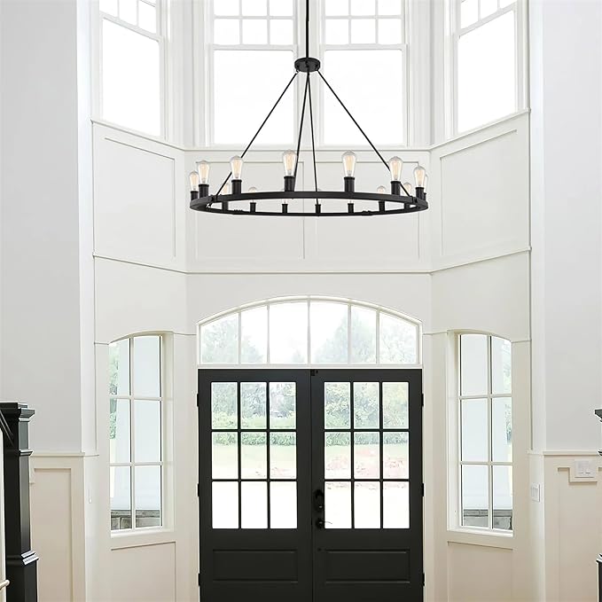 Kira Home Homestead 50" 16-Light Large Industrial Rustic Farmhouse Wagon Wheel Chandelier, Round Kitchen Island Light, Black Finish