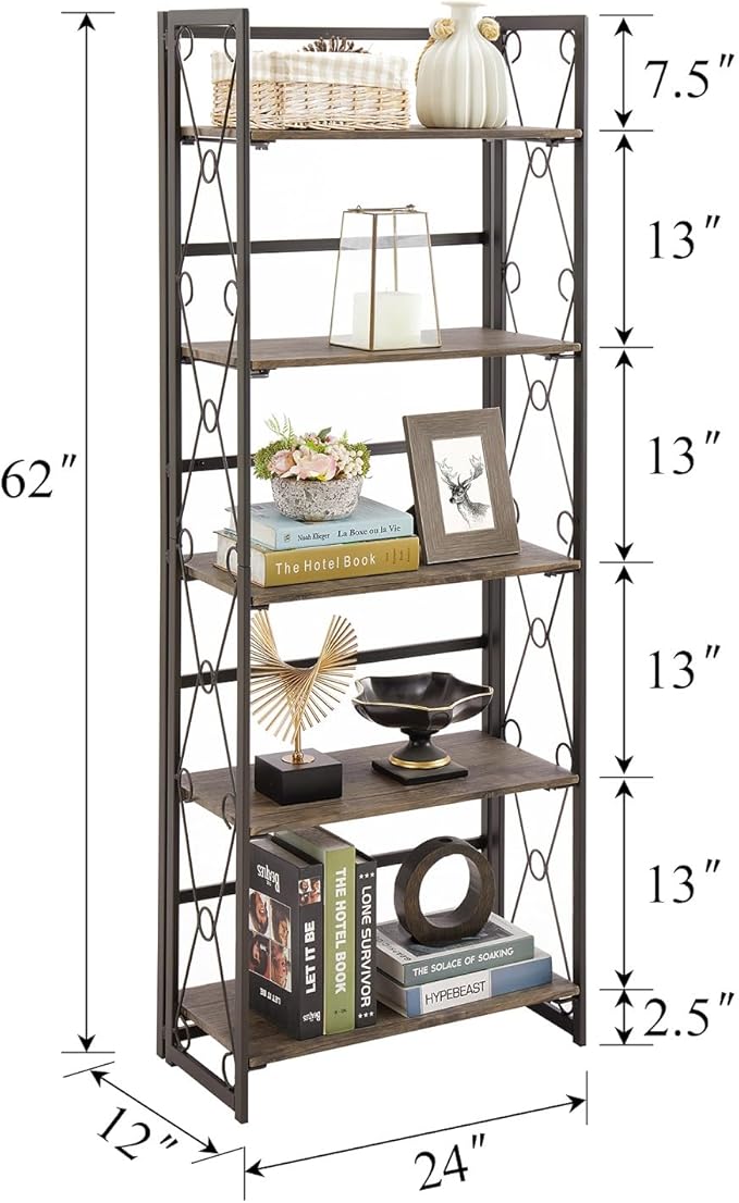 VECELO Folding Bookshelf, 5 Shelf Folding Bookcase No Assembly, Industrial Metal Freestanding Shelves Rack Organizer for Living Room, Office, Bedroom, Kitchen
