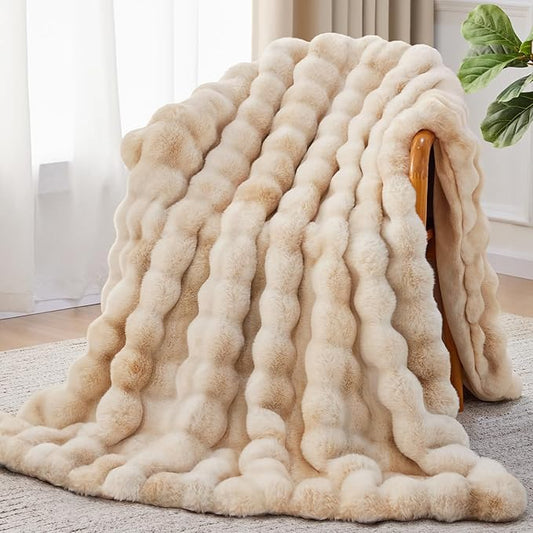 Faux Fur Throw Blanket, 1000GSM Fluffy Soft Bubble Blanket for Couch Bed, Cozy Plush Warm and Thick Blanket, Fuzzy Rabbit Throw for Living Room Bedroom 80''*90'' Tie-dye Brown