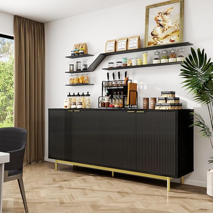 MUUEGM Sideboard Buffet Cabinet with Storage, 58" Large Kitchen Storage Cabinet with Shelves and 4 Fluted Doors, Modern Console Table for Kitchen, Dining Room, Hallway(Black)