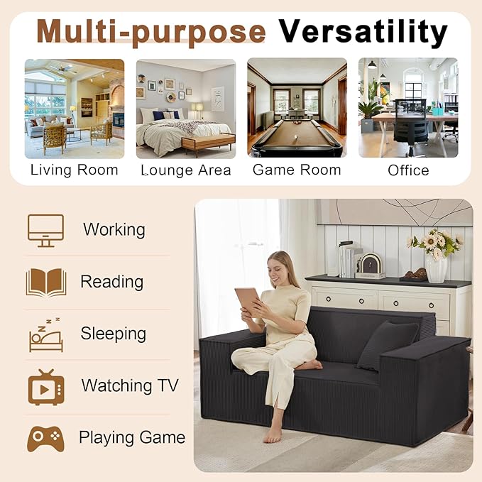 SUYOLS Corduroy Cloud Couch with Pillow, Premium Memory Foam, No Assembly Required, Deep Seat Sofa in Box, Space-Saving Chair for Home, Living Room, Bedroom, Apartment, Office, Loveseat, Dark Gray