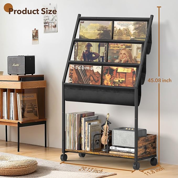 Keebofly Vinyl Record Storage, Record Holder Up to 200 Albums, Record Stand with 3 Tier Holder Display Shelf, Movable Vinyl Storage Organizer Rack, Record Cabinet for Book Magazine Turntable