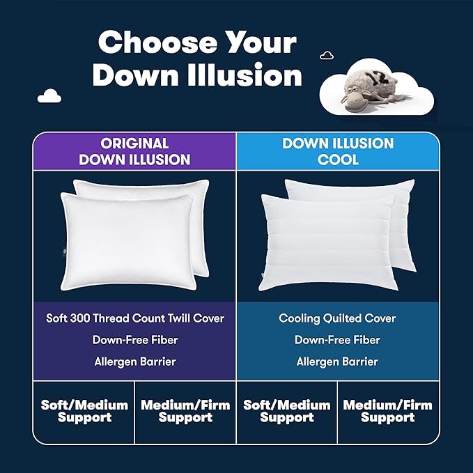 Serta Down Illusion Soft Hypoallergenic Medium/Firm Bed Pillows for Side, Stomach or Back Sleepers (2 Pack), King, White