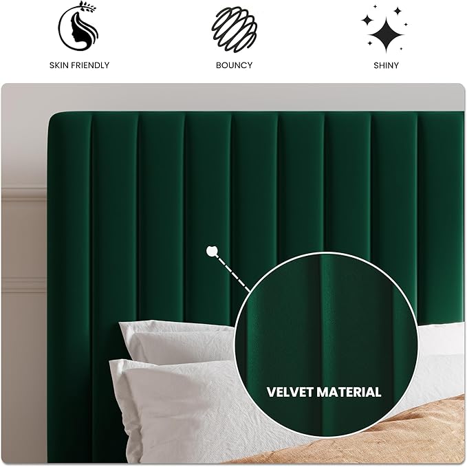 SHA CERLIN King Upholstered Platform Bed Frame with Vertical Channel Tufted Velvet Fabric Adjustable Headboard, Wooden Slats Support, Mattress Foundation, Box Spring Optional, Green
