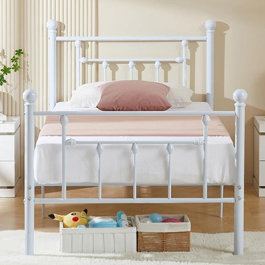 VECELO Twin Size Metal Platform Bed Frame with Headboard and Footboard, Heavy Duty Slat Support/No Box Spring Needed Mattress Foundation/Underbed Storage Space, Victorian Style