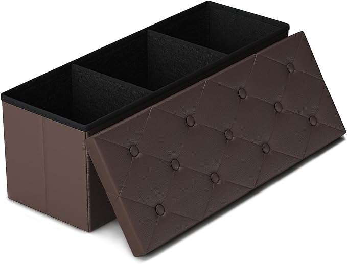 GLAXYFUR Storage Ottoman Bench, 43 Inches Folding Ottoman with 2 Dividers, PU Leather Foot Rest, End of Bed Bench, Storage Chest for Living Room, Bedroom and Entryway, Brown