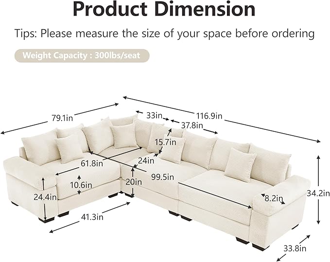 KEIKI 117" L-Shaped Oversized Corduroy Modular Cloud Sectional Sofa with High-Density Foam Cushion, Extra-Thick Armrest, Convertible 4-Seater Fluffy Corner Couch with 14 Pillow, for Living Room, Beige