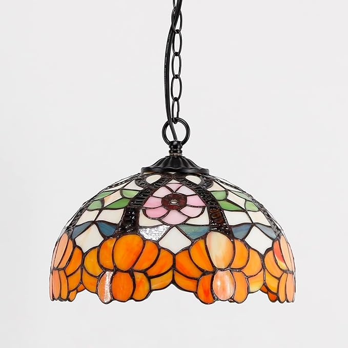 Tiffany Pendant Light Plug in 12 Inch Orange Flower Stained Glass Hanging Lamp with Chain 33 Inch, Cord 15 Feet