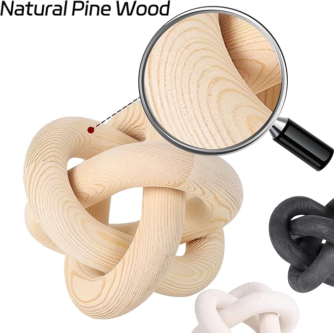 3 Link Hand Carved Wood Knot, Wood Chain Link Decor, Rustic Decorative Objects for Home, Living Room, Bedroom, Coffee Table, Modern Farmhouse Shelf Decor (White)