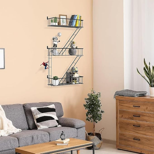 Fire Escape Wall Shelf - 3 Tier Trinket & Action Figure Display with Screwdriver & Screws, Unique Rustic Floating Action Figure Display for Bathroom & Living Room & Home Decor (3 Tier, 1)