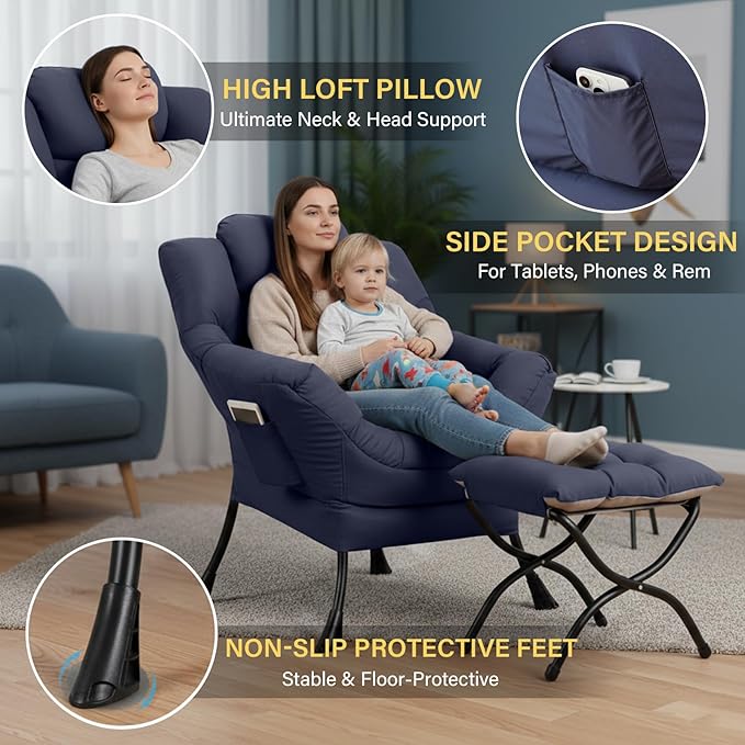 Cozy Lazy Chair and Ottoman, Large Navy Contemporary Accent Chair Set, Modern Leisure Upholstered Reading Armchair for Bedroom, Living Room, Dorm Rooms, Office, Balcony