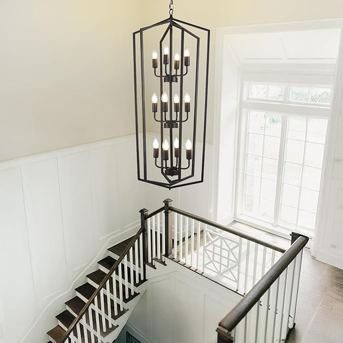 WJShome Modern Black Chandelier, 12-Light Tiered Pendant Light Fixtures, Long Chandeliers for High Ceilings, Farmhouse Foyer Lighting Fixtures, for Living Room, Staircase, Entryway