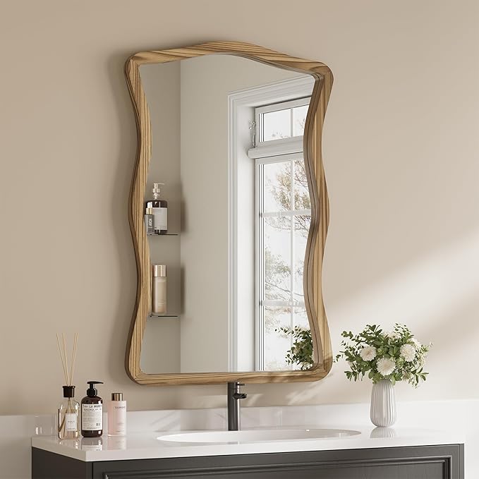 ULIKE Wavy Wall Mirror for Bathroom, 24x36 Wood Frame Mirror for Over Sink, Rustic Wall Mirrors Decorative and Vanity Mirrors for Bedroom Living Room Entryway, Brown