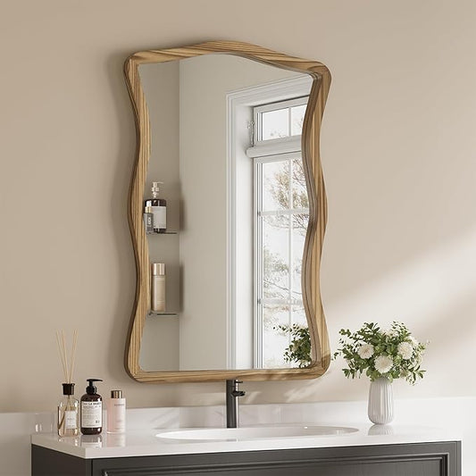ULIKE Wavy Wall Mirror for Bathroom, 24x36 Wood Frame Mirror for Over Sink, Rustic Wall Mirrors Decorative and Vanity Mirrors for Bedroom Living Room Entryway, Brown