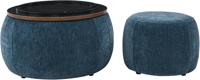 Ball & Cast Round Upholstered Storage-Ottoman Set with Wood Tray, Large Storage Coffee Table w/Footstool & Removable Lid, Dia 25" Padded Bench & End Side-Table for Living Bedroom, Dark Blue