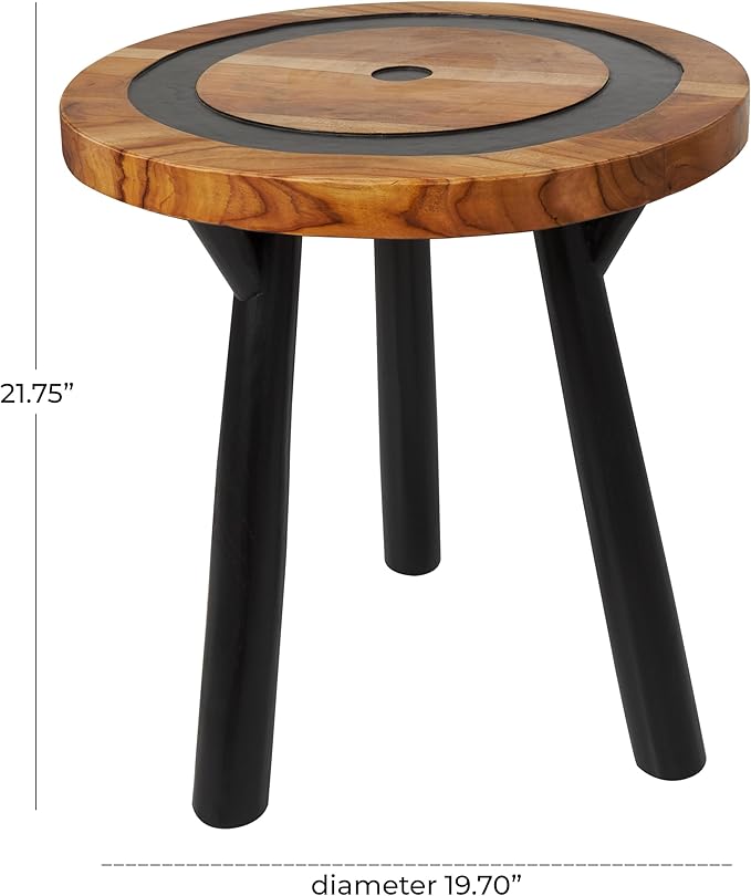Deco 79 Teak Wood Geometric Side End Accent Table Layered Circle End Table with Black Legs, Side Table 20" x 20" x 22", Brown