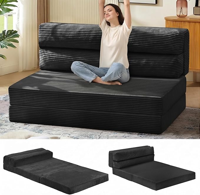 JUIKURY Folding Sofa Bed, Convertible Sleeper Chair with Pilow Foldable Matress, 2 in 1 Pull Out Loveseat Sofa Portable Fold Out Chair Bed Floor Couch Lounge for Living Room (Black, Full)