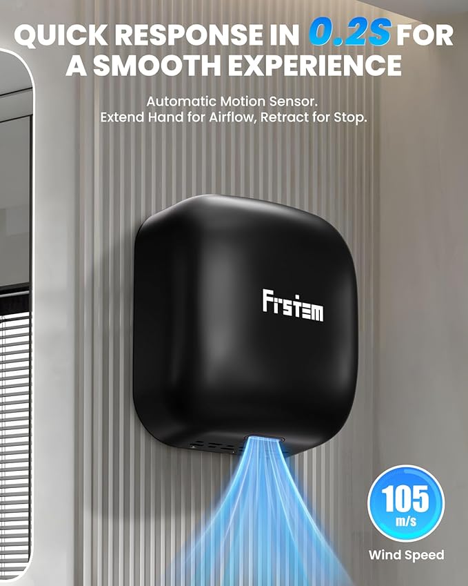 1400W Commercial Hand Dryers, Automatic High Speed Hand Dryer Machine with Auto-Infrared Sensor&Smart Temp Control,Compact Hand Dryer for Home, Bathrooms, Restaurants, Hotels, Black