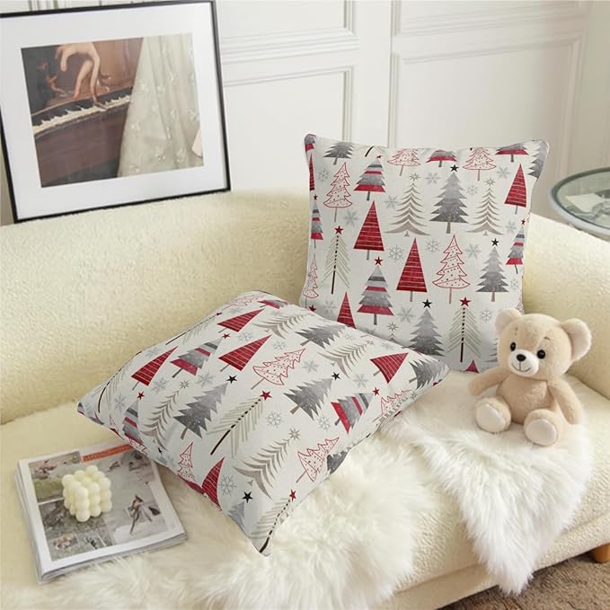 Christmas Throw Pillow Covers 18x18 Set of 2 Geometric Colorful Winter Xmas Tree Decorative Pillow Cases Outdoor Modern Farmhouse Holiday Red Gray Grey Cushion Case for Couch Sofa Bed